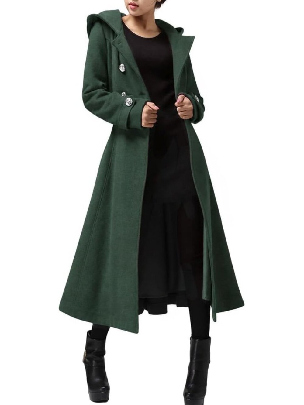 Women's Dark Green Long Double-Breasted Hooded Winter Wool Overcoat Trench Coat